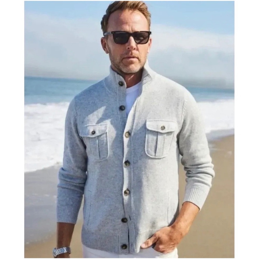 Collars & Co Mens Size Large Napoli Cardigan Gray Wool Cashmere Mock Neck NWT